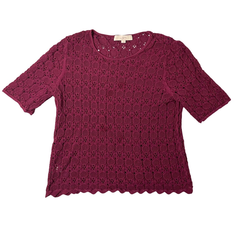 LOFT Womens Berry Pink Cotton Crochet Knit Short Sleeve Scalloped Top Large
